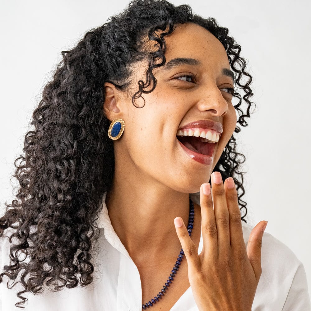 Daphne Oval Stone Lapis Post Earrings Framed In Brass Wholesale