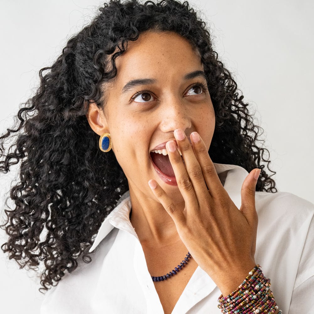 Daphne Oval Stone Lapis Post Earrings Framed In Brass Wholesale