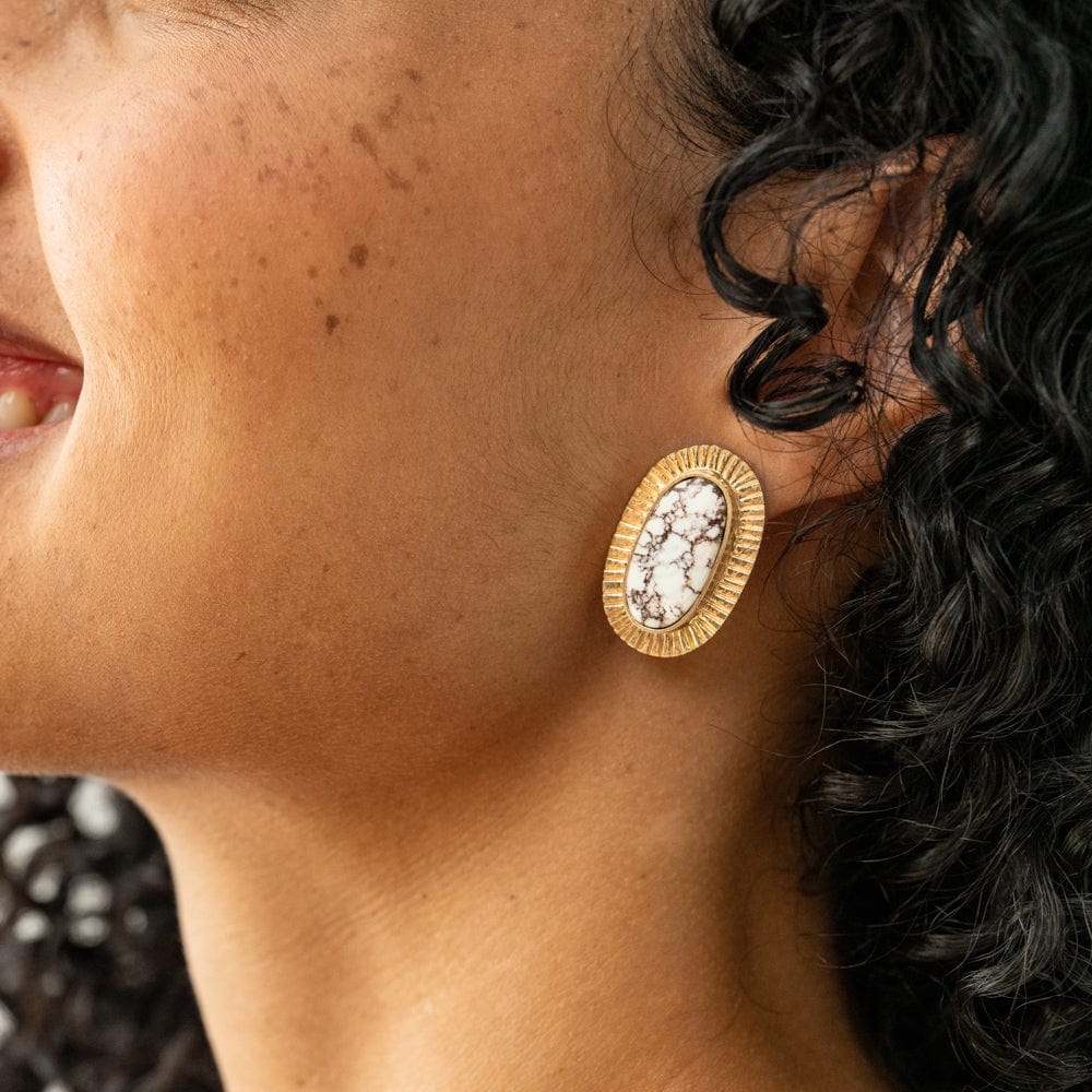 Daphne Oval Wild Horse Jasper Stone Post Earrings Framed In Brass Wholesale