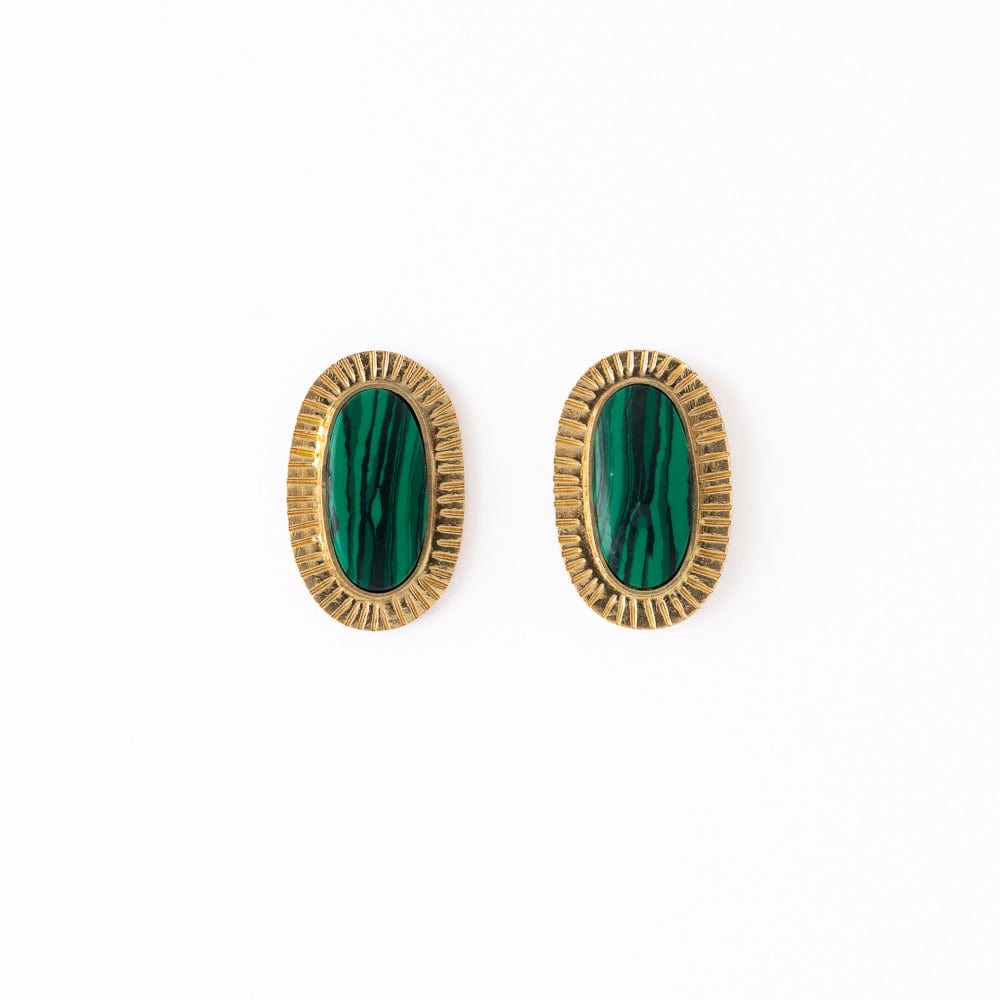 Daphne Oval Synthetic Malachite Stone Post Earrings Framed In Brass Wholesale