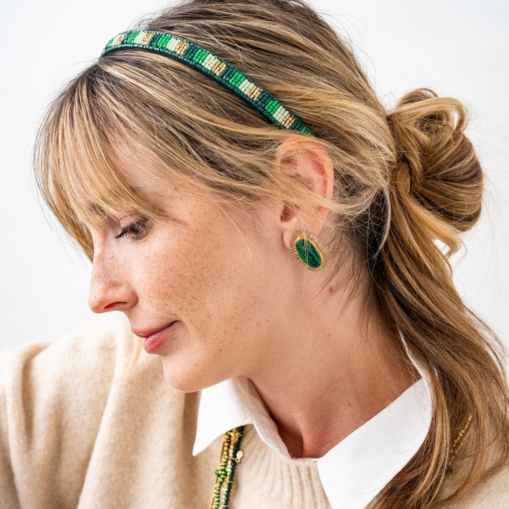 Daphne Oval Synthetic Malachite Stone Post Earrings Framed In Brass Wholesale