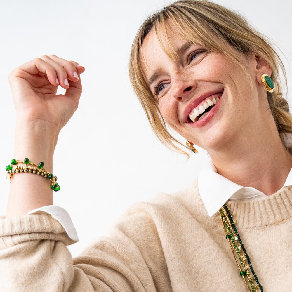 Daphne Oval Synthetic Malachite Stone Post Earrings Framed In Brass Wholesale