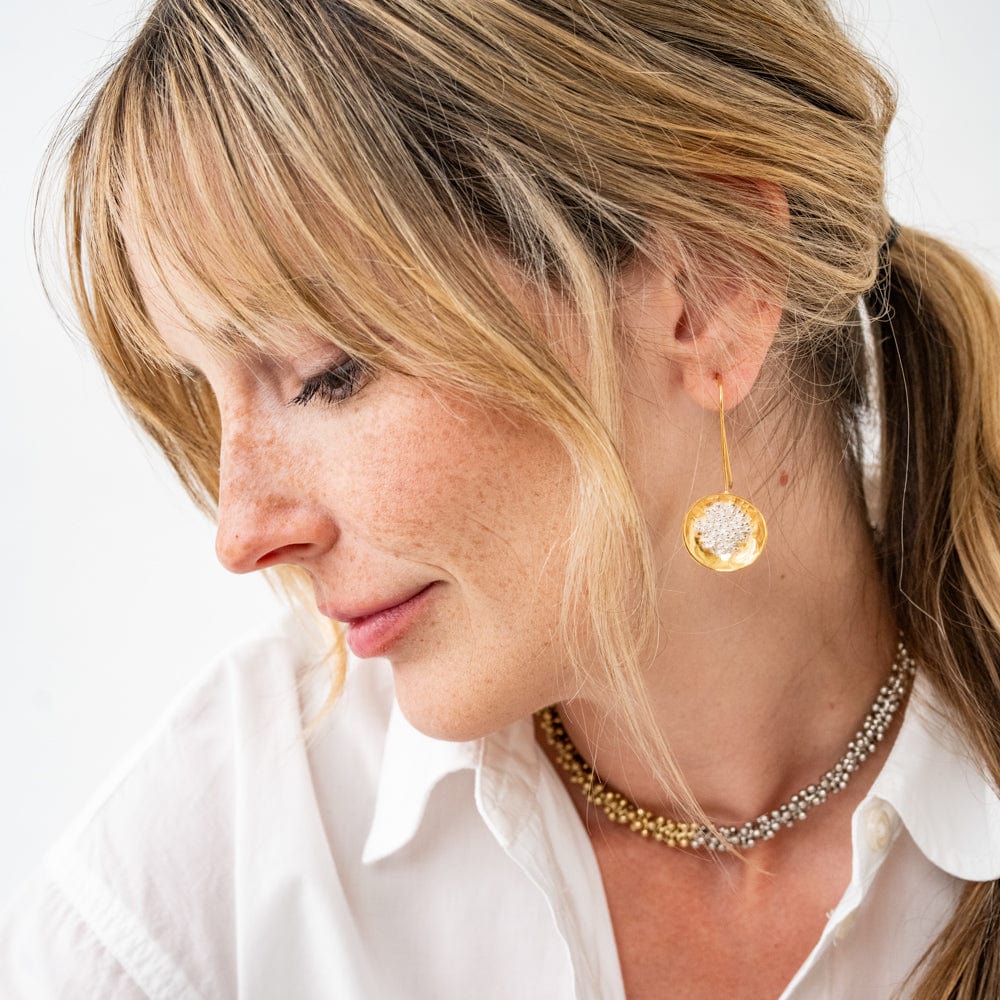 Bobbi Hammered Disc With Clusters Earrings 18k Gold + Silver Wholesale