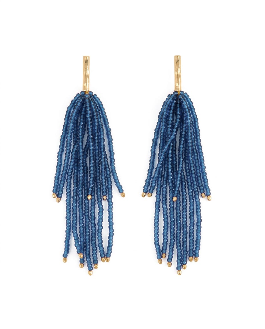 Marissa Brass + Bead Fringe Earrings Blue