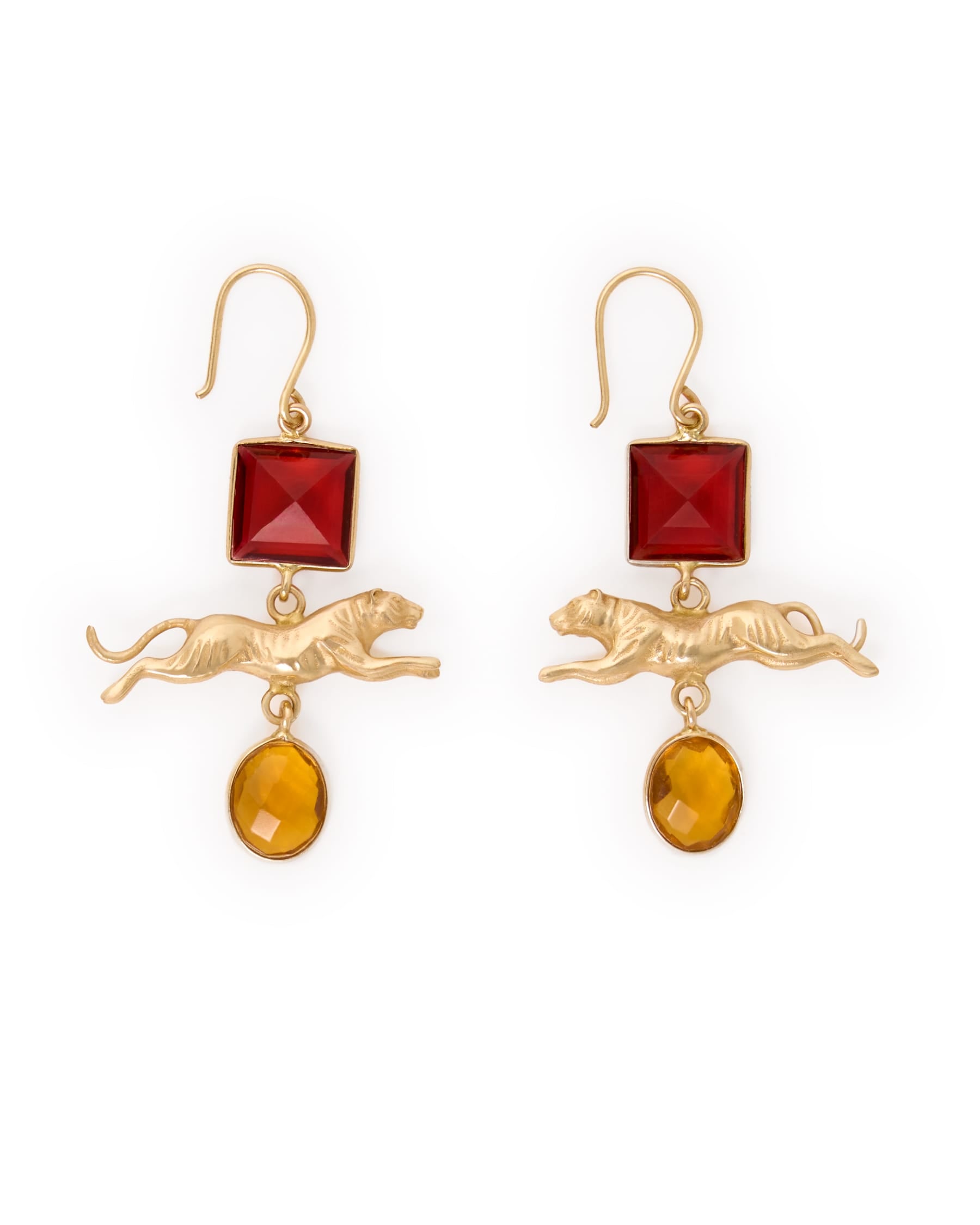 Bianca Tiger Pendant + Glass Stone Dangle Earrings Brass