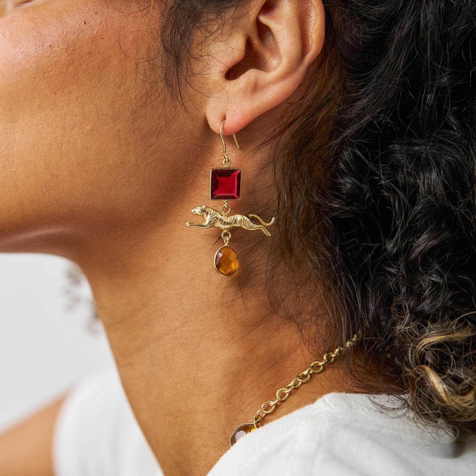 Bianca Tiger Pendant + Glass Stone Dangle Earrings Brass