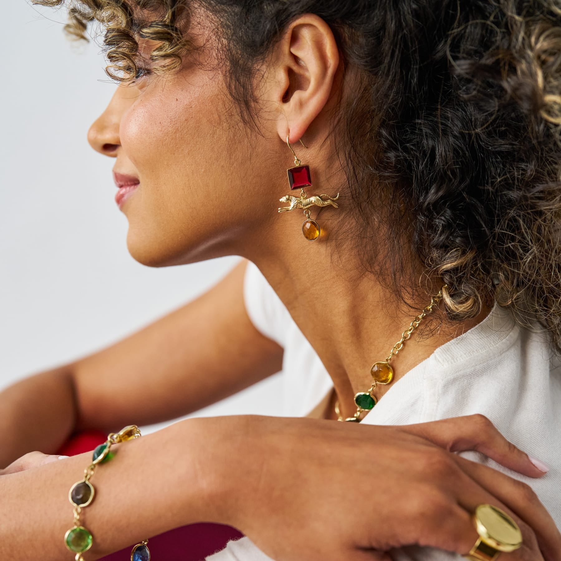 Bianca Tiger Pendant + Glass Stone Dangle Earrings Brass