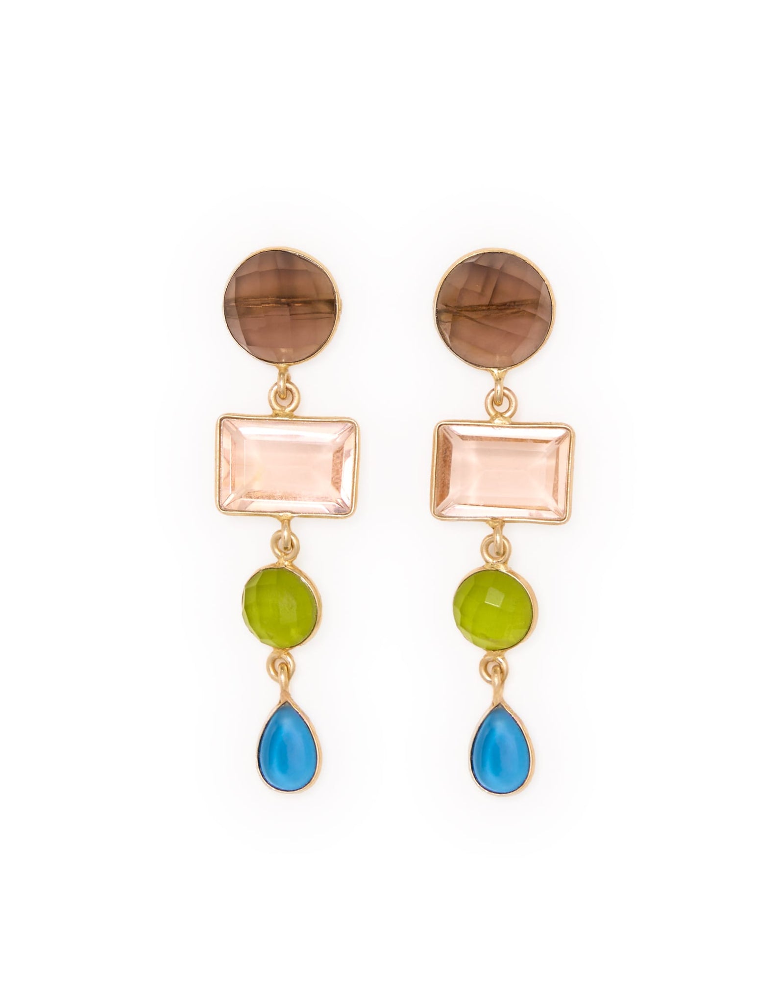 Natalie Dangle Glass + Smoky Quartz Stone Earrings Brass
