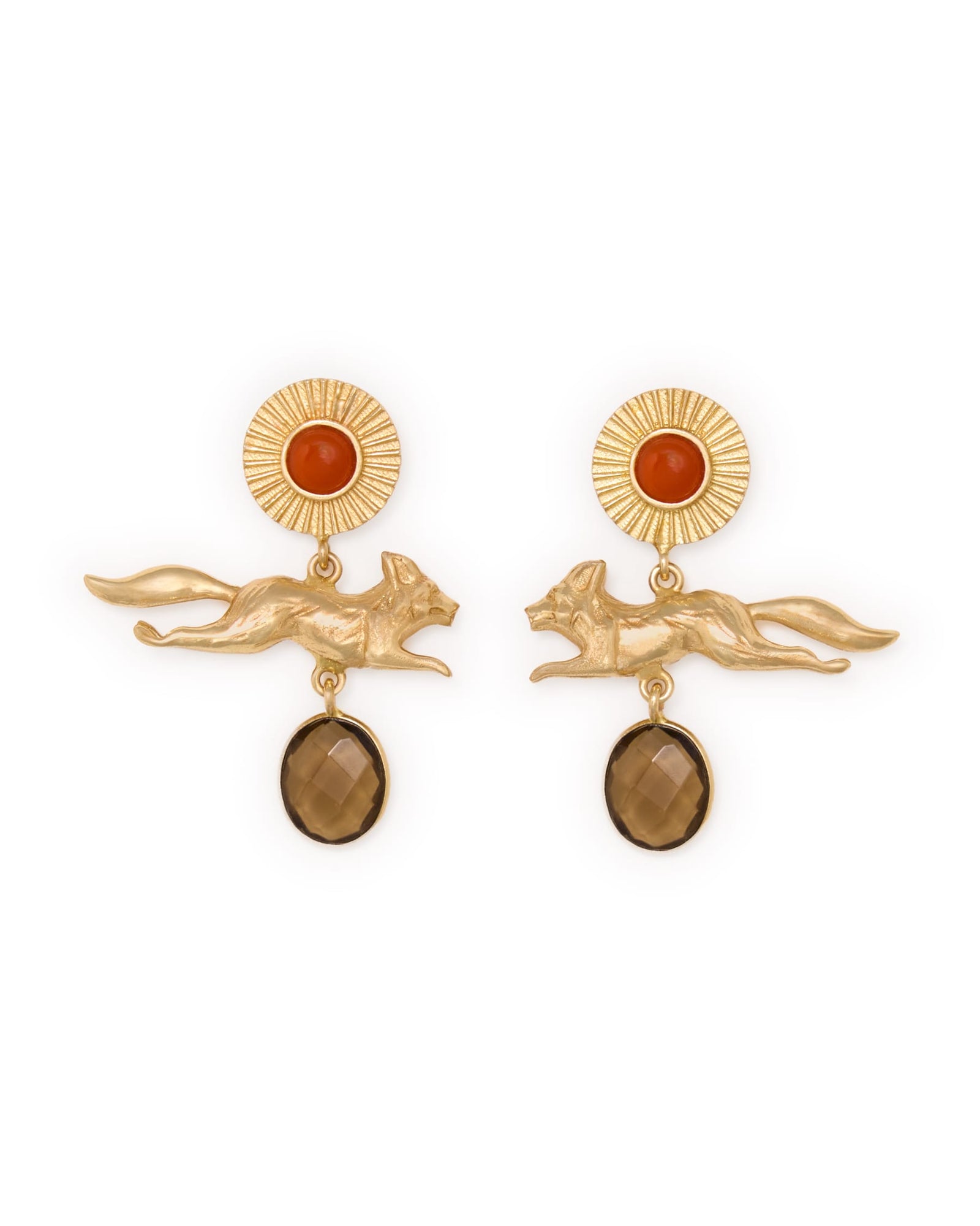 Felicity Fox Pendant, Carnelian, + Smoky Quartz Stone Earrings Brass