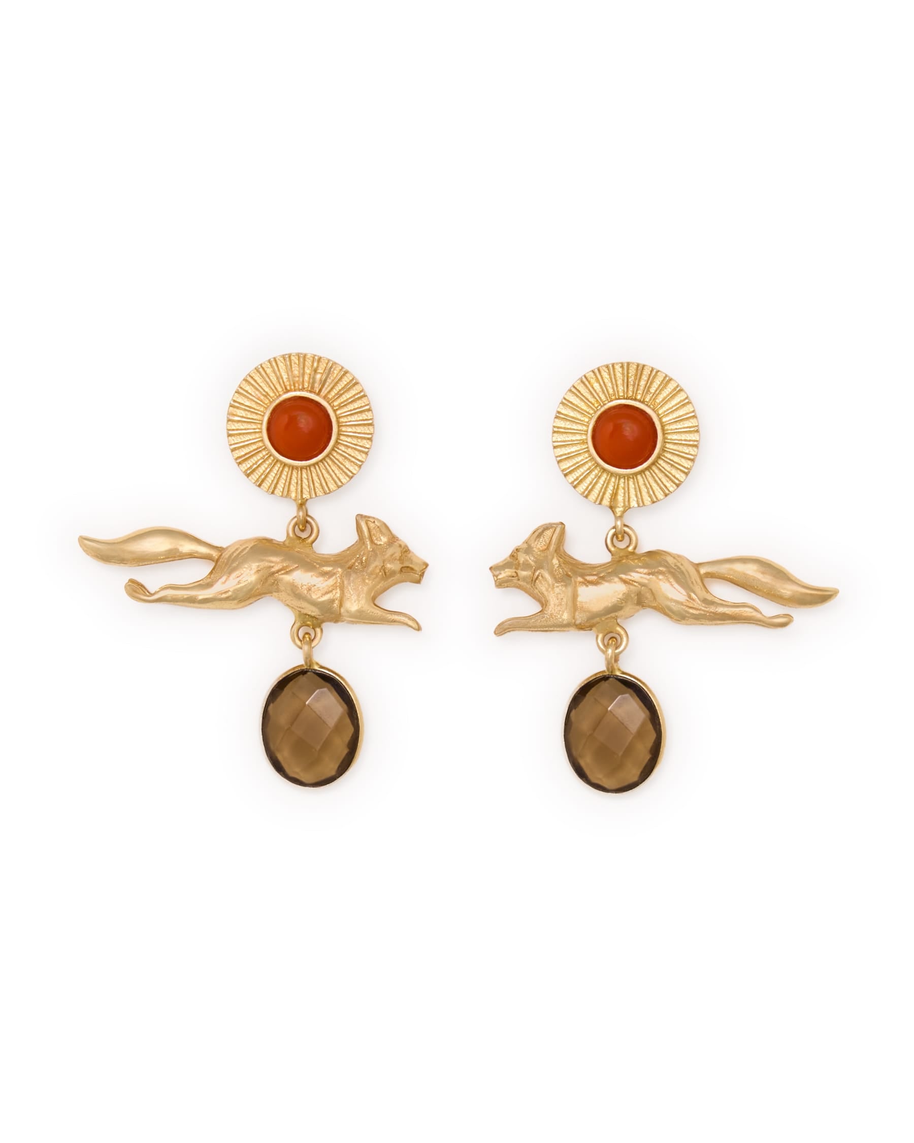 Felicity Fox Pendant, Carnelian, + Smoky Quartz Stone Earrings Brass