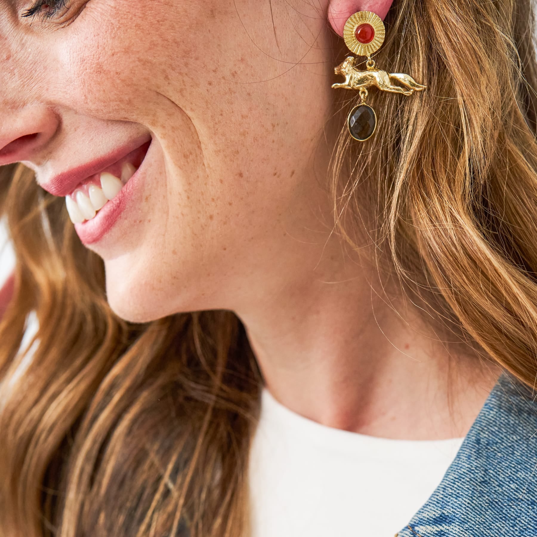 Felicity Fox Pendant, Carnelian, + Smoky Quartz Stone Earrings Brass
