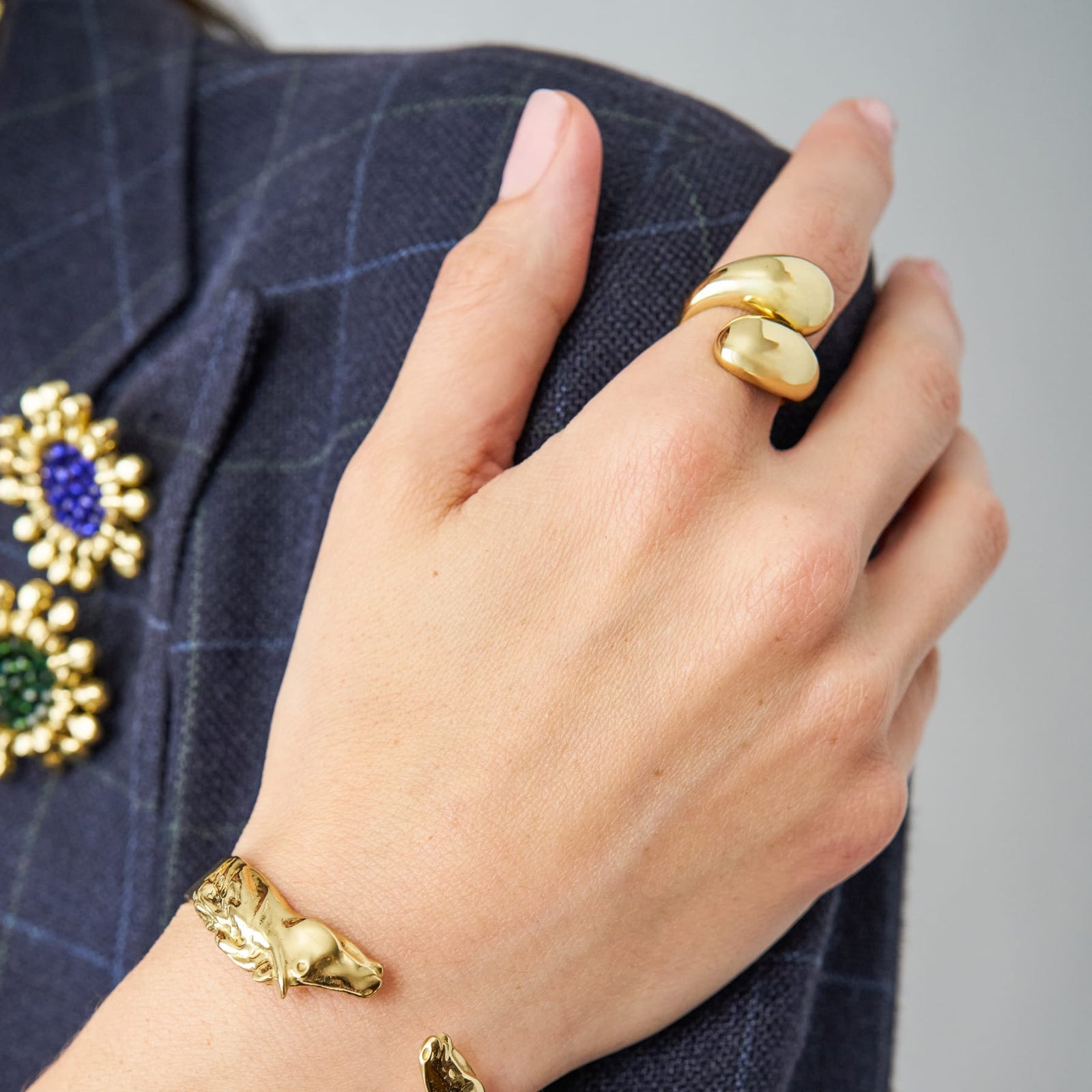 Halle Open Wrap Double Orb Adjustable Ring Brass
