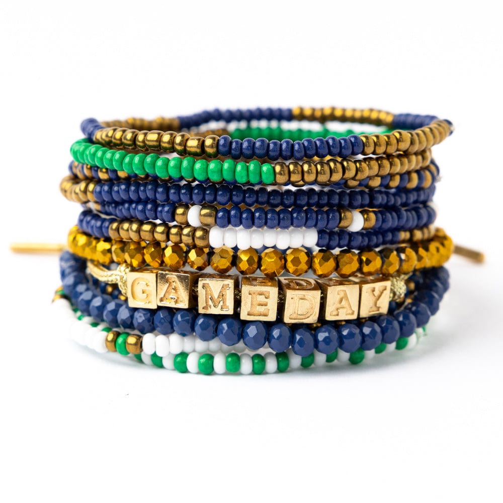 Game Day 11-Strand Bracelet Set Blue, Gold + Green Wholesale