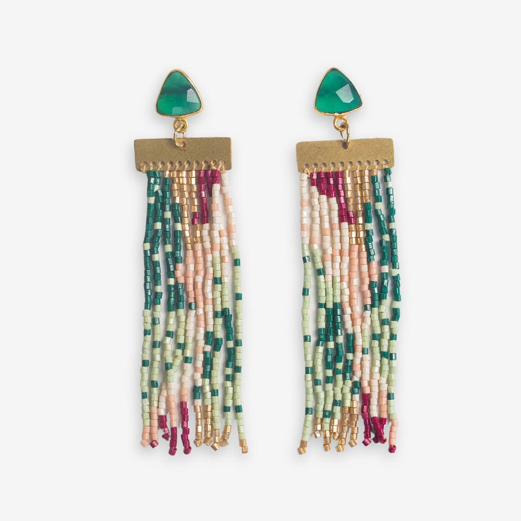 Lilah Semi-Precious Stone Post With Organic Shapes Beaded Fringe Earrings Emerald Wholesale