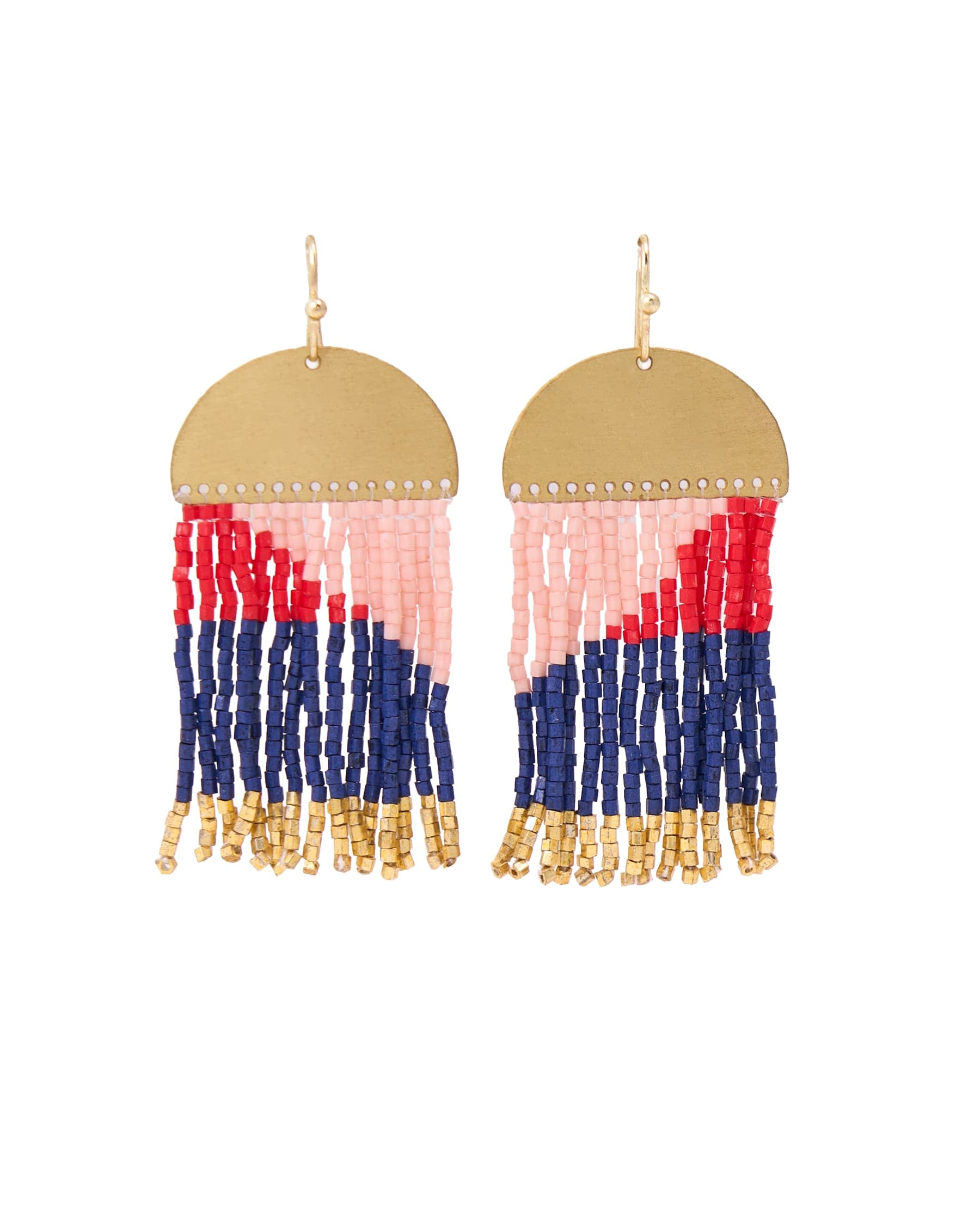 Birdie Geometric Beaded Fringe Earrings Navy, Red, Blush, + Gold