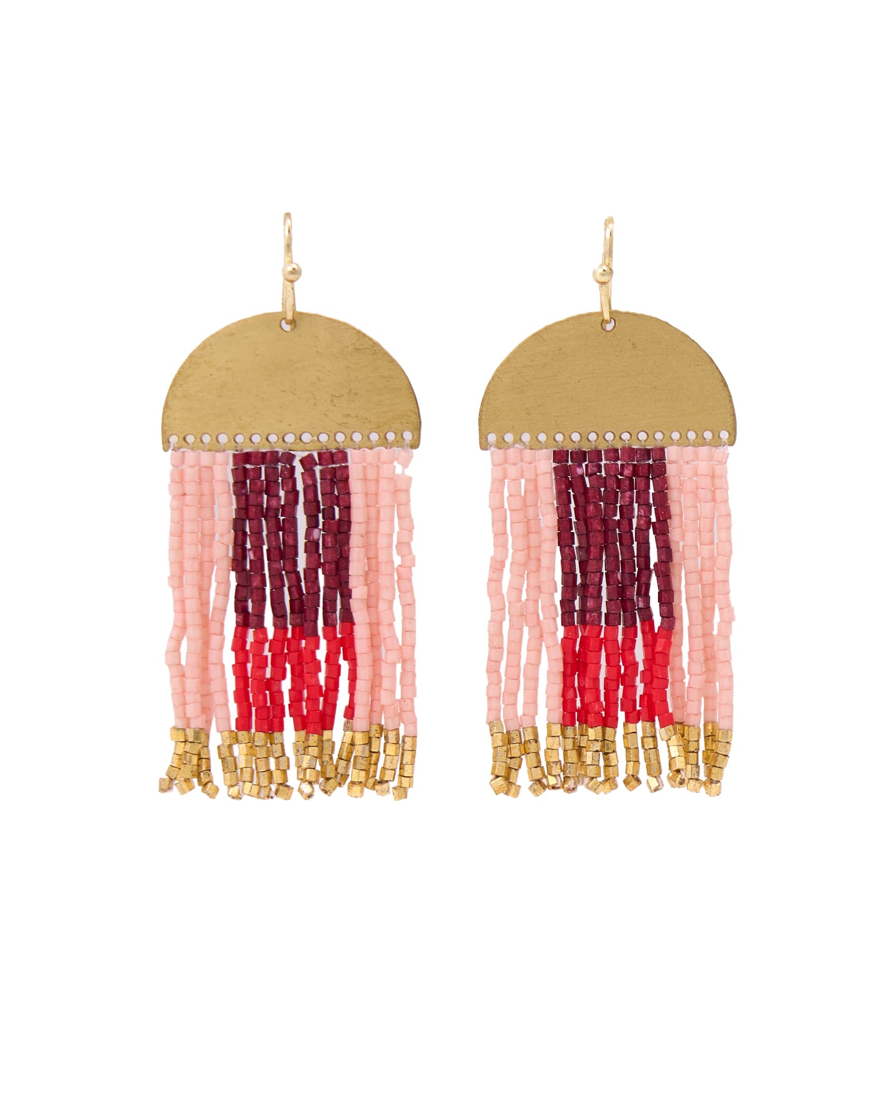 Birdie Geometric Beaded Fringe Earrings Dark Red, Red, Blush, + Gold
