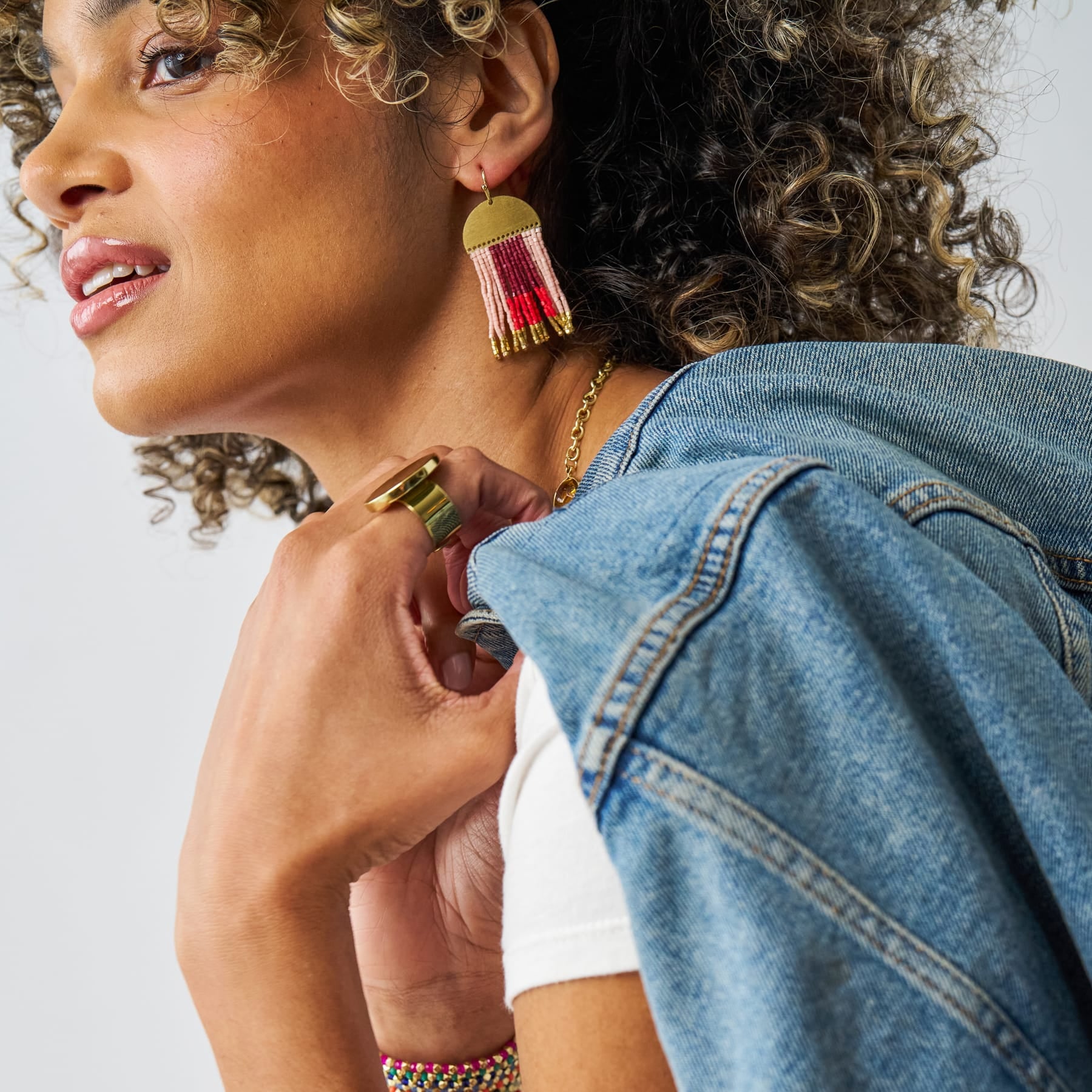 Birdie Geometric Beaded Fringe Earrings Dark Red, Red, Blush, + Gold