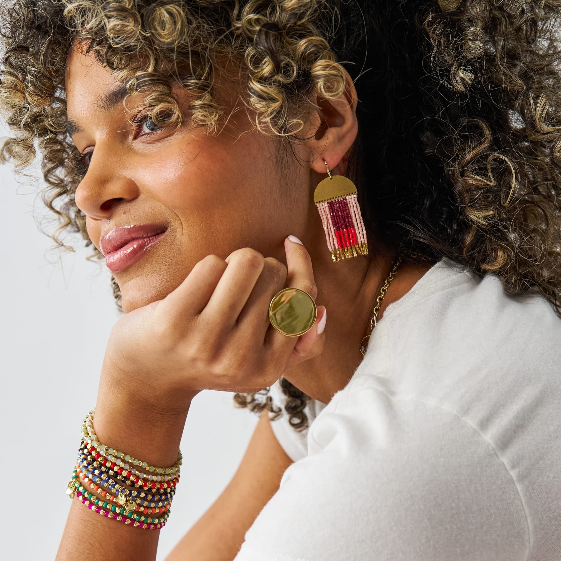 Birdie Geometric Beaded Fringe Earrings Dark Red, Red, Blush, + Gold