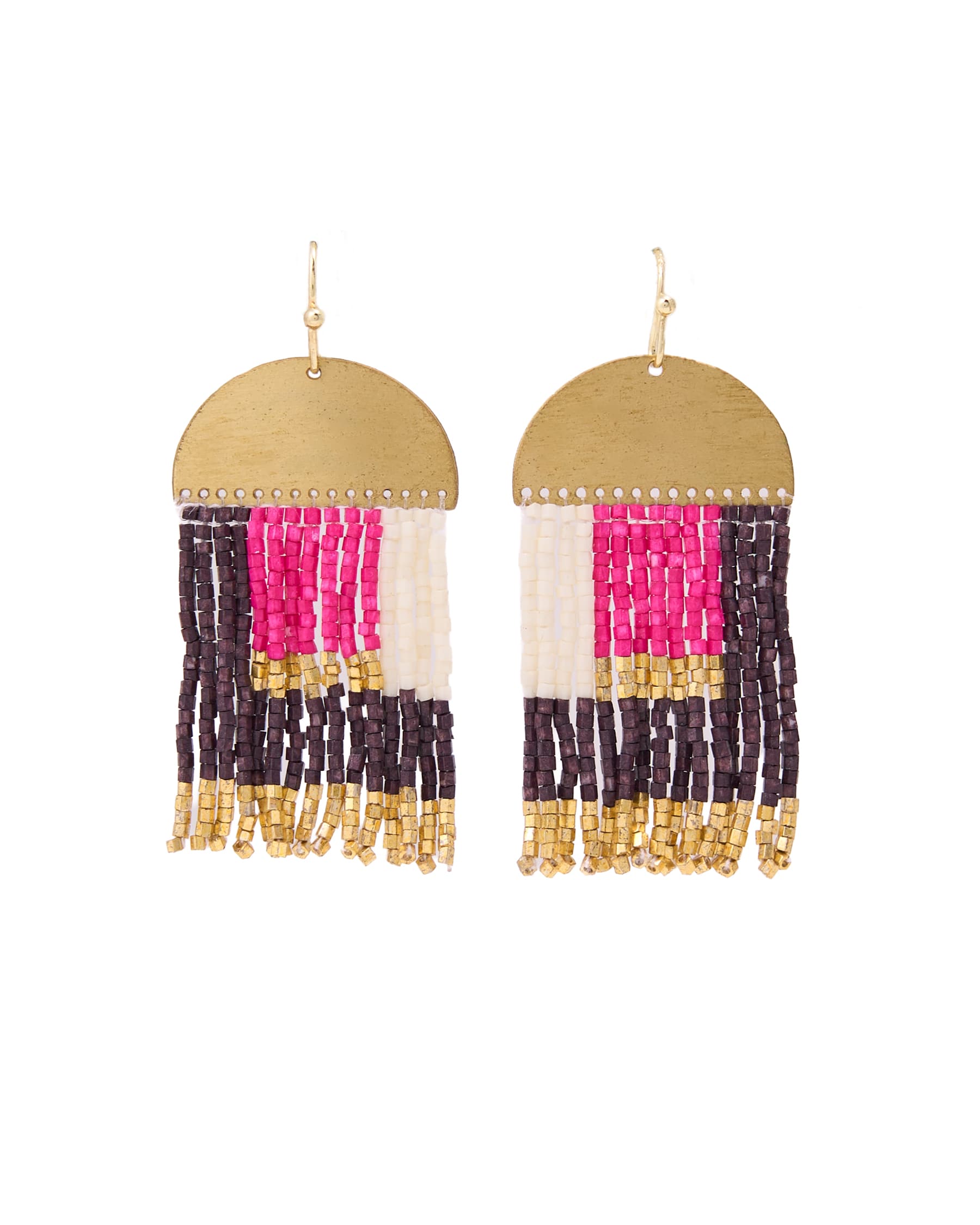 Birdie Geometric Beaded Fringe Earrings Pink, Brown, Ivory, + Gold