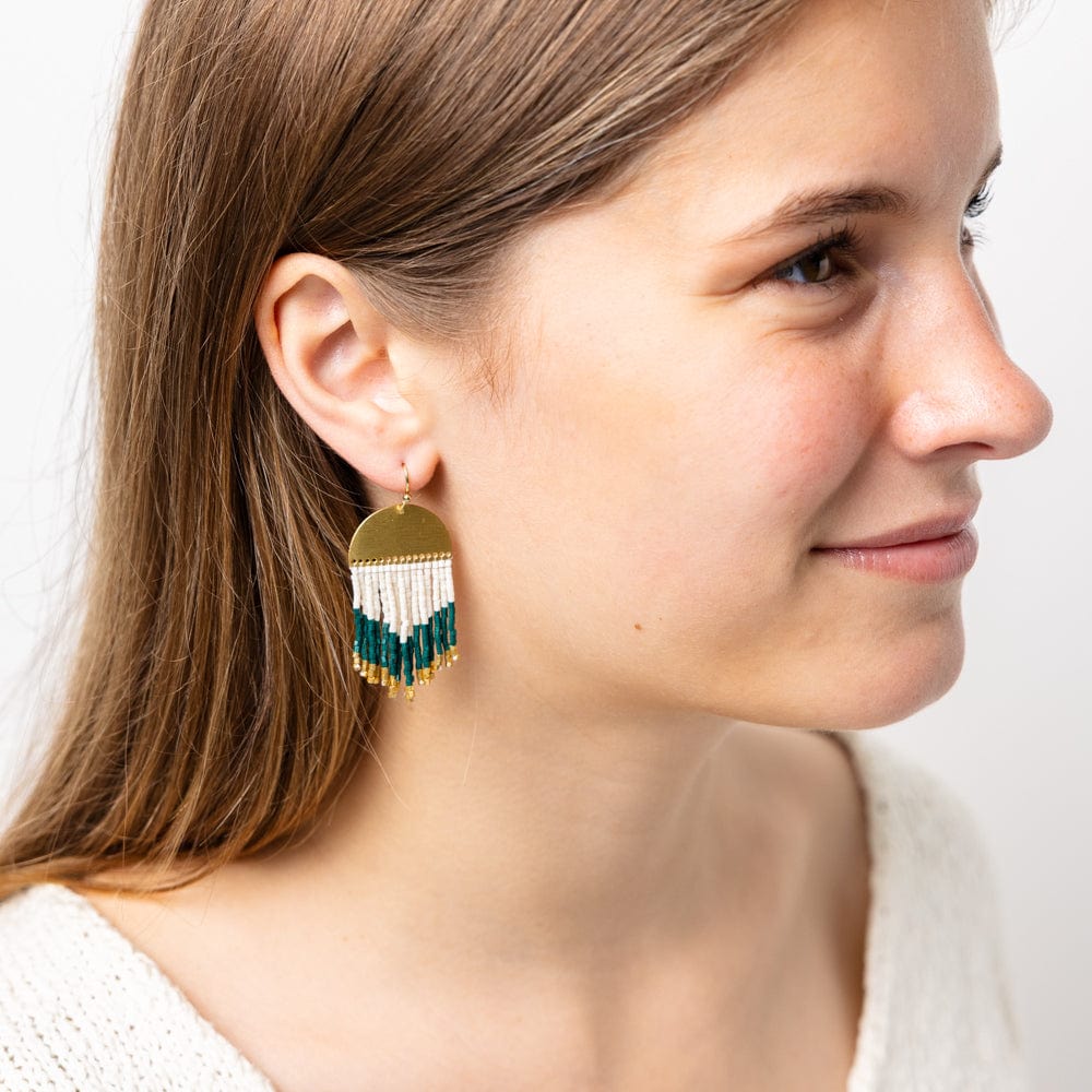 Claudia Curved Pattern Short Beaded Fringe Earrings Bright Emerald Wholesale