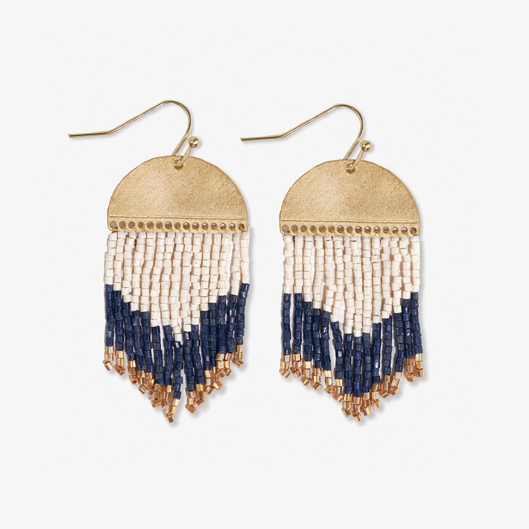 Claudia Curved Pattern Short Beaded Fringe Earrings Navy Wholesale