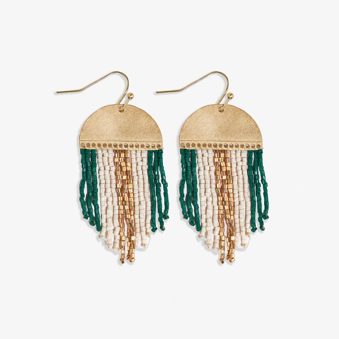 Claudia 3 Color Stripe Short Beaded Fringe Earrings Emerald Wholesale