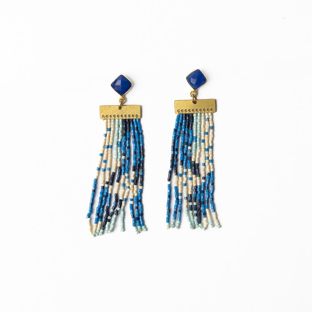 Lilah Semi-Precious Stone Post Beaded Fringe Earrings Blue