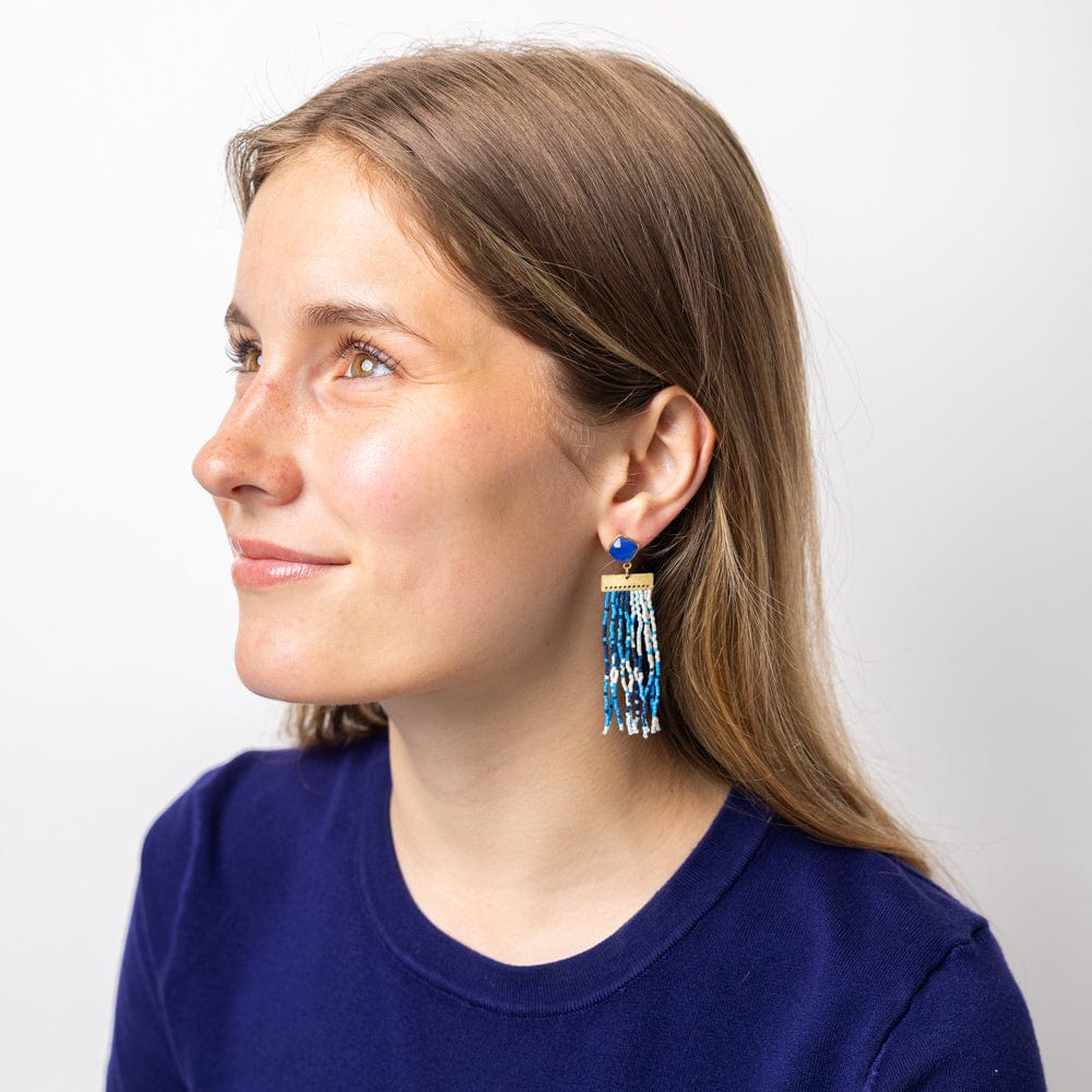 Lilah Semi-Precious Stone Post Beaded Fringe Earrings Blue