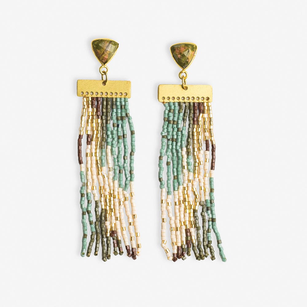 Lilah Semi-Precious Stone Post With Organic Shapes Beaded Fringe Earrings Safari Wholesale