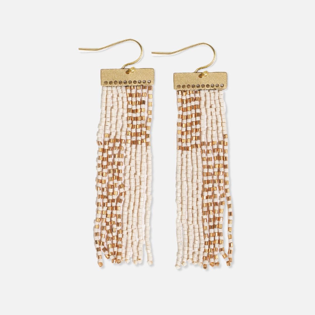 Lana Rectangle Hanger Colorblocks With Stripes Beaded Fringe Earrings Ivory and Gold Wholesale