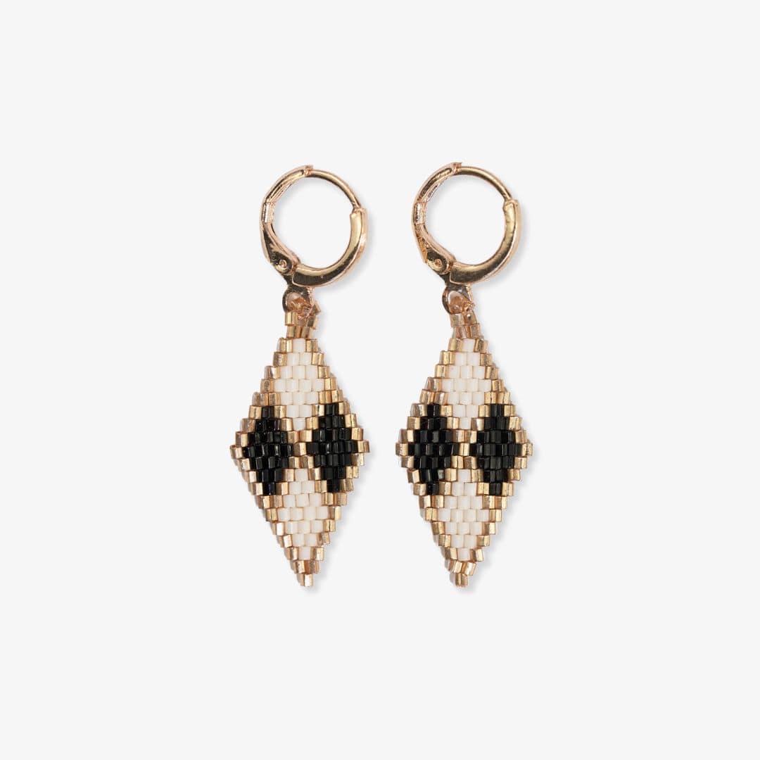 Carmen Mini Gold Hoop Diamond Pattern Beaded Drop Earrings Black and White Wholesale