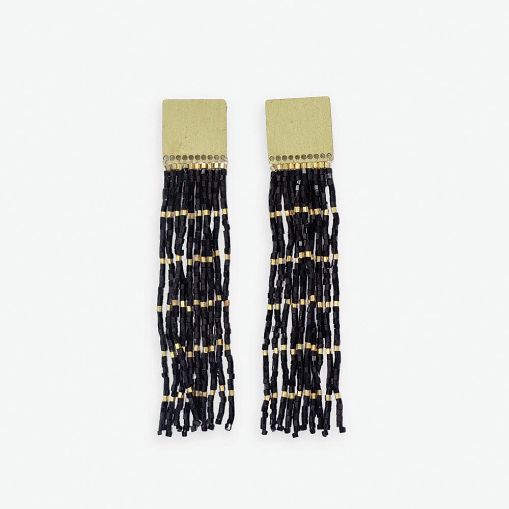 Harlow Brass Top Solid With Gold Stripe Beaded Fringe Earrings Black Wholesale