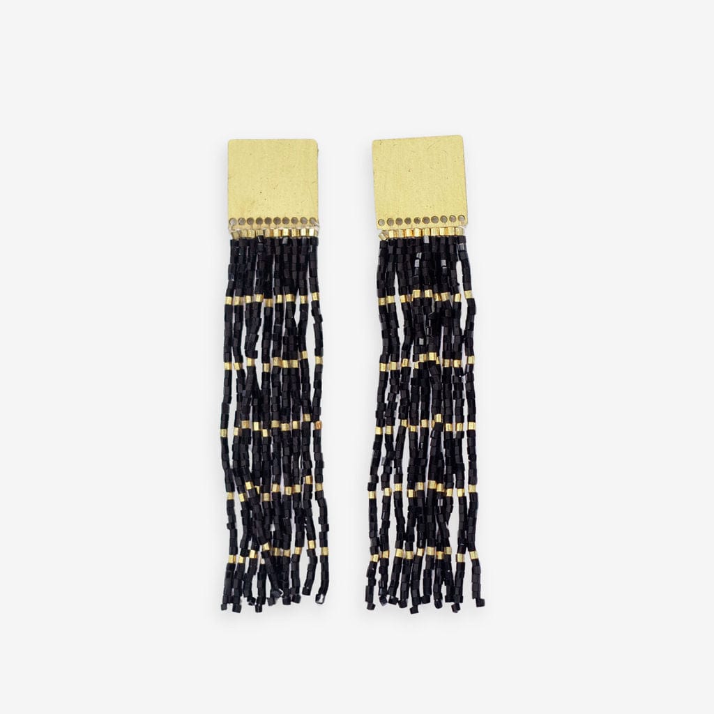 Harlow Brass Top Solid With Gold Stripe Beaded Fringe Earrings Black Wholesale