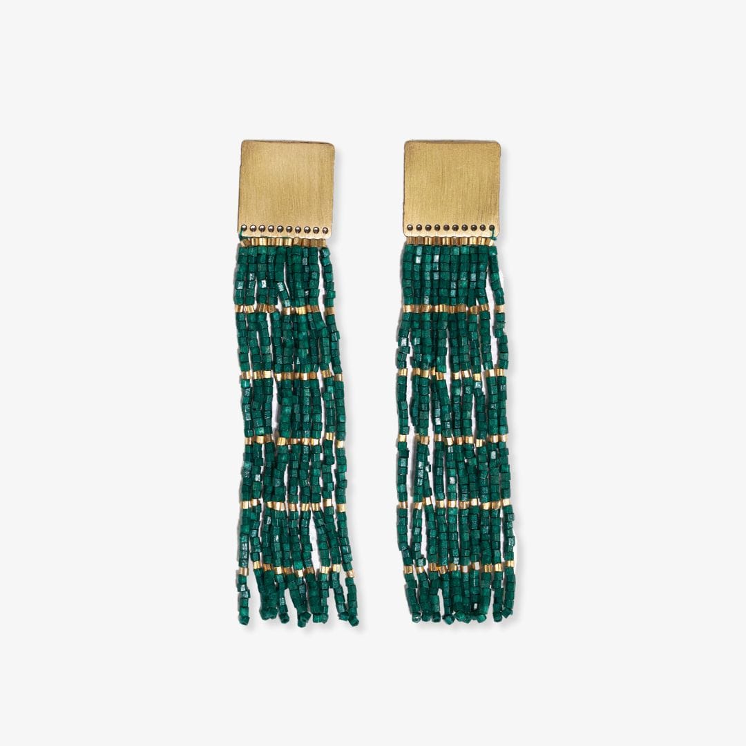 Harlow Brass Top Solid With Gold Stripe Beaded Fringe Earrings Emerald Wholesale