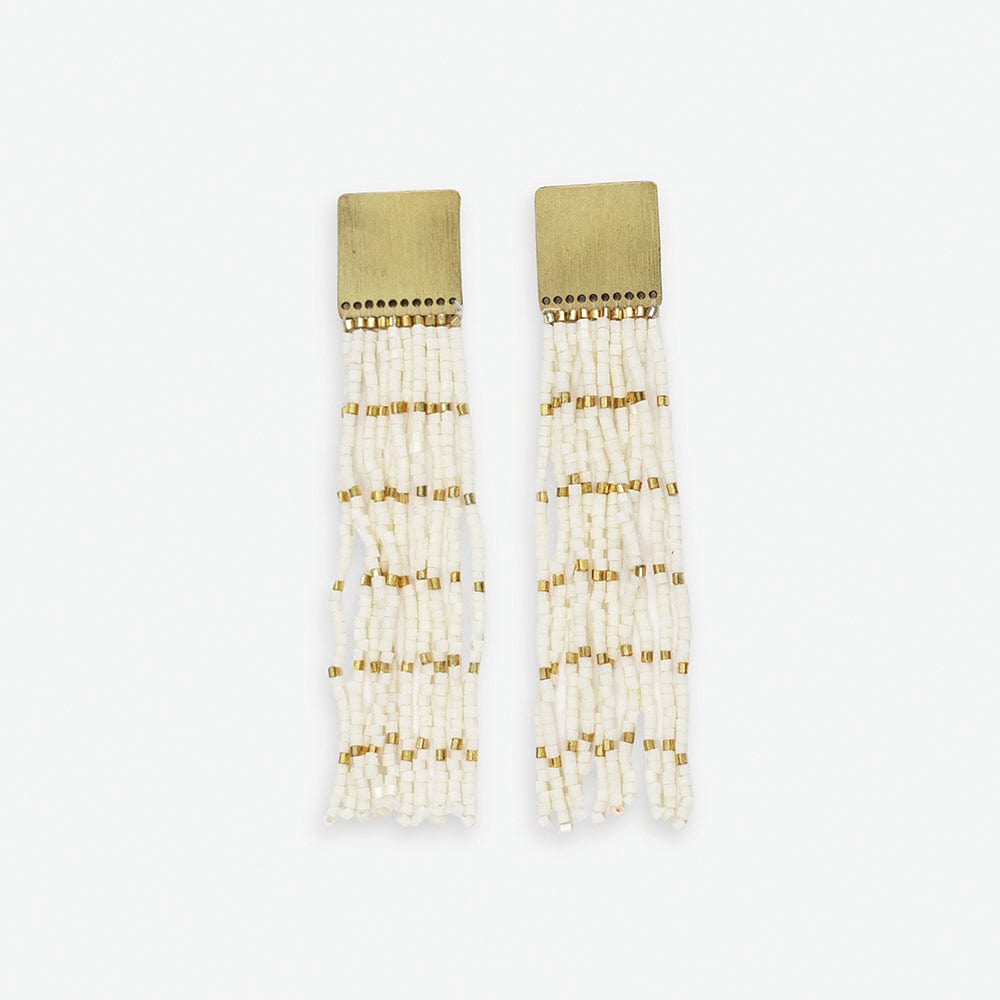 Harlow Brass Top Solid With Gold Stripe Beaded Fringe Earrings Ivory Wholesale