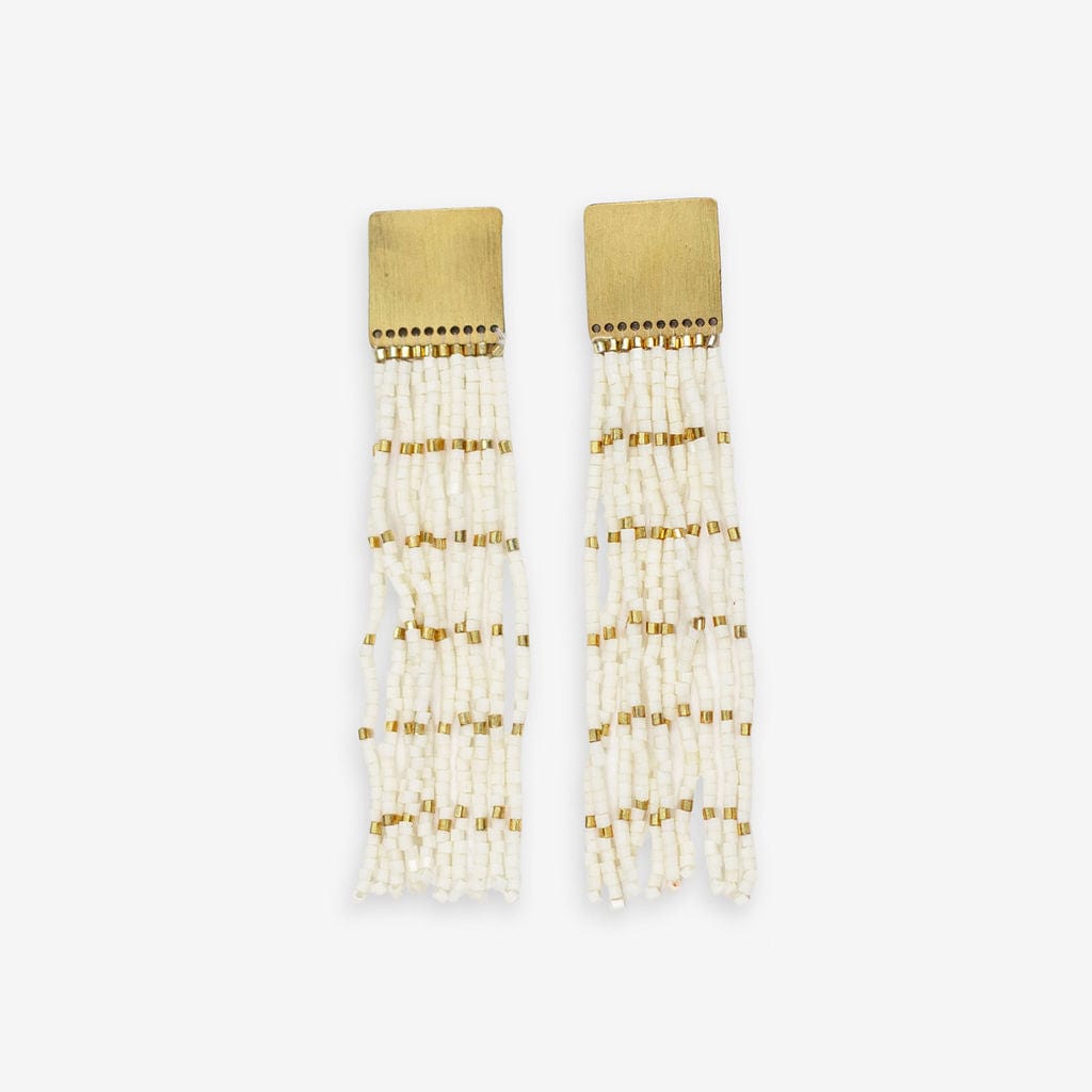 Harlow Brass Top Solid With Gold Stripe Beaded Fringe Earrings Ivory Wholesale