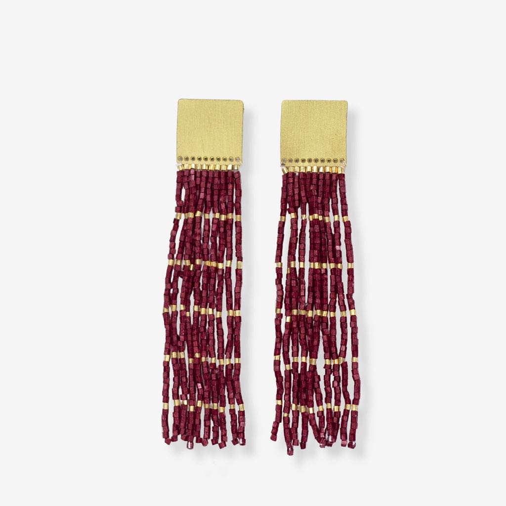 Harlow Brass Top Solid With Gold Stripe Beaded Fringe Earrings Maroon Wholesale