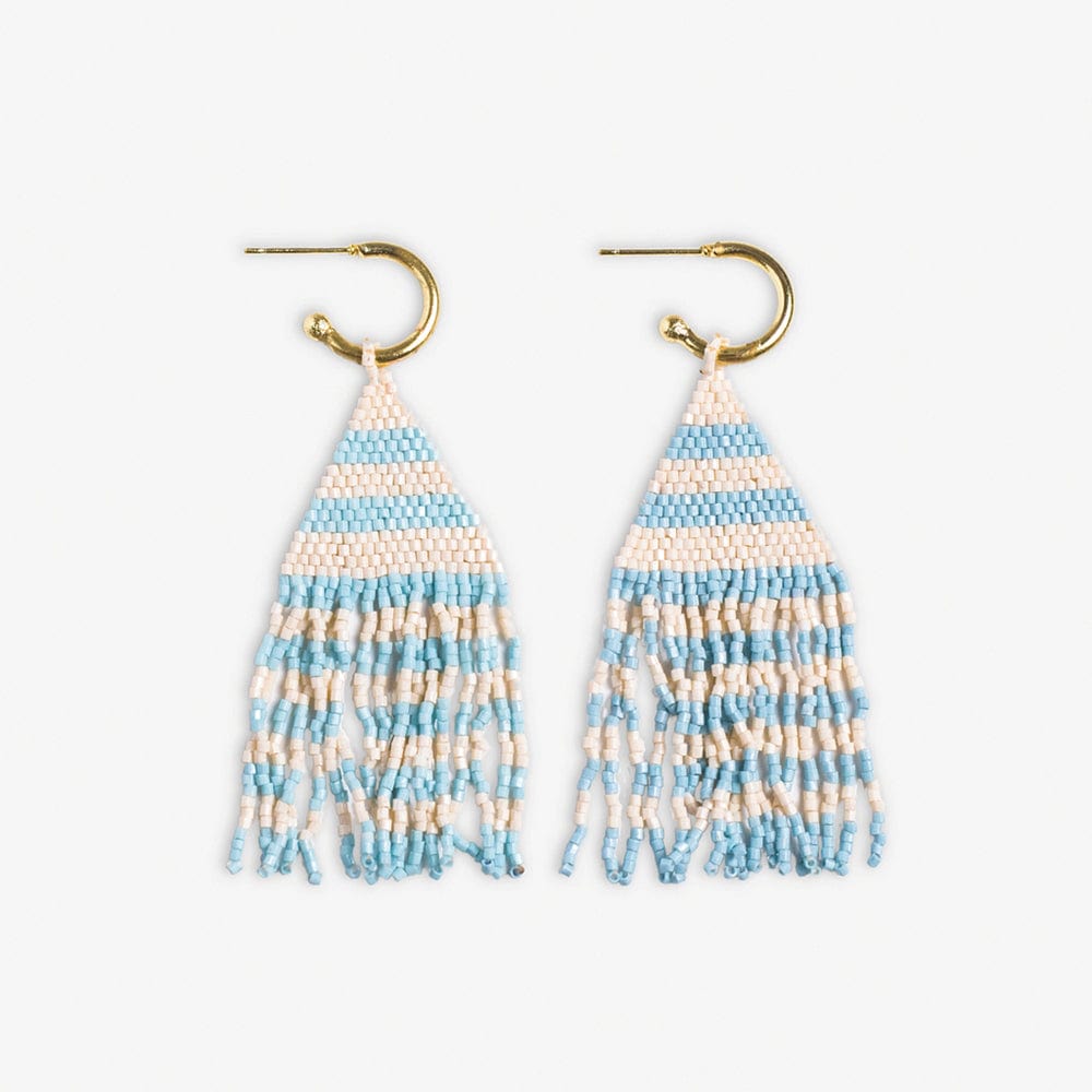 James Mini Gold Hoop Two Tone Stripes Beaded Fringe Earrings Light Blue Wholesale