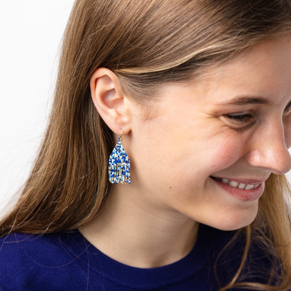 Cassie Mini Confetti Short Fringe Earrings Blue + Gold Wholesale