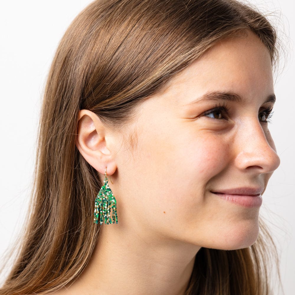 Cassie Mini Confetti Short Fringe Earrings Green + Gold Wholesale