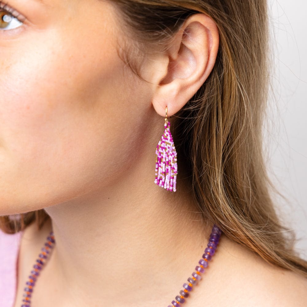 Cassie Mini Confetti Short Fringe Earrings Purple + Gold Wholesale