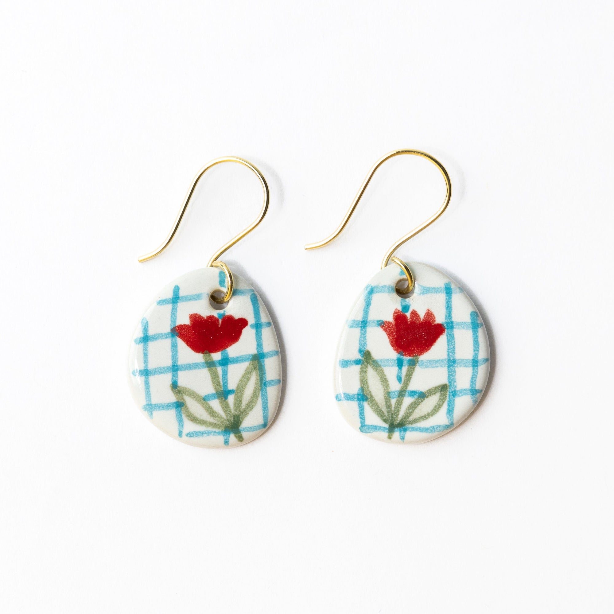 Danielle Round Ceramic Earring With Poppy And Blue Plaid