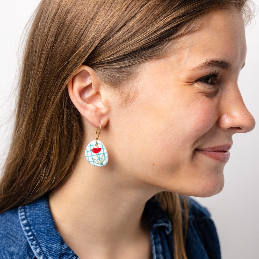 Danielle Round Ceramic Earring With Poppy And Blue Plaid