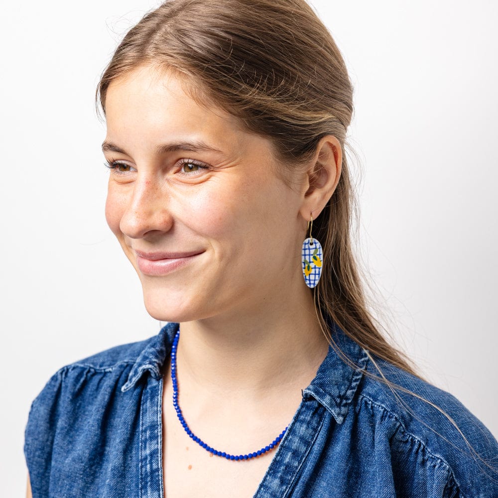 Danielle Oval Ceramic Earring With Lemons And Blue Plaid
