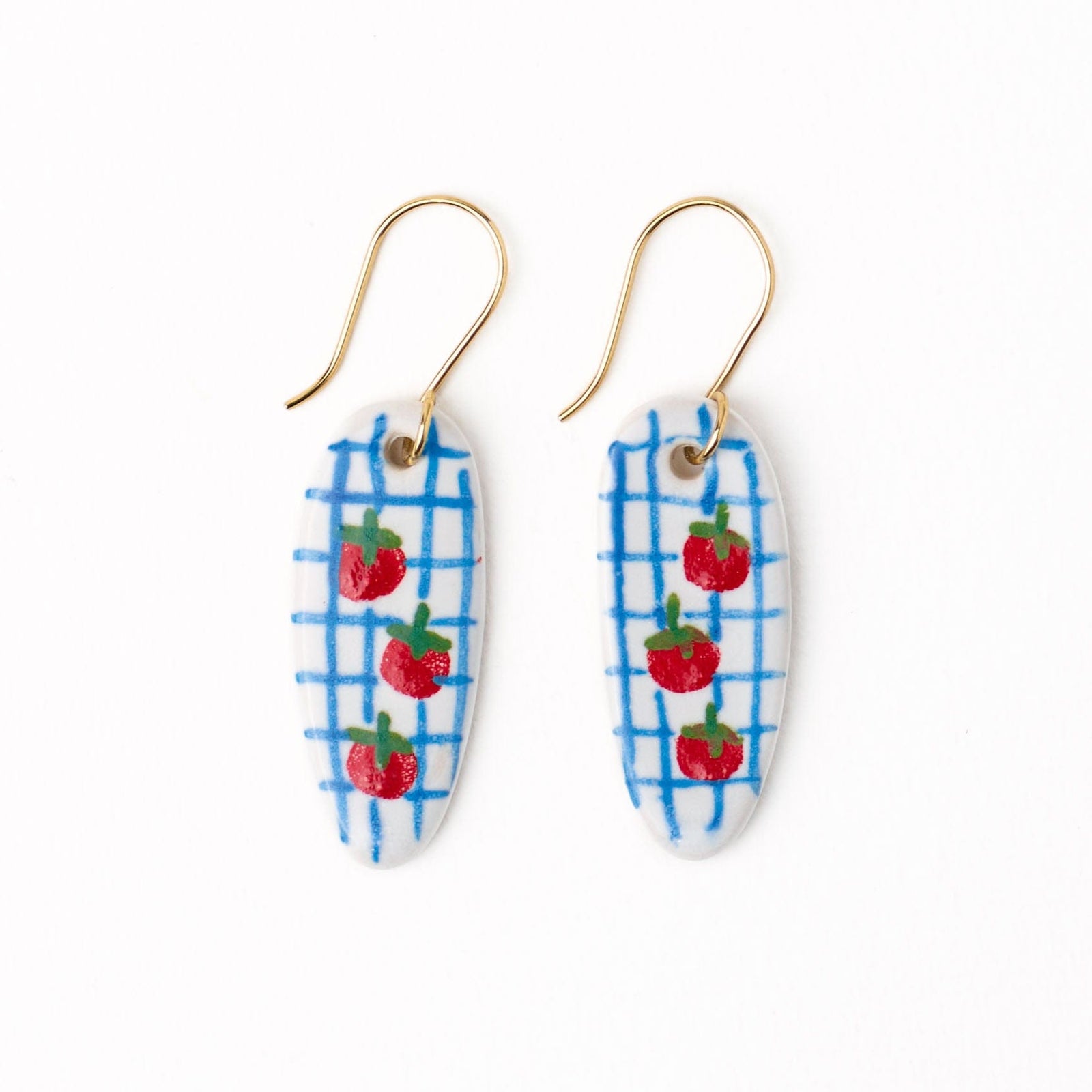 Danielle Oval Ceramic Earrings With Tomatoes + Blue Plaid Wholesale