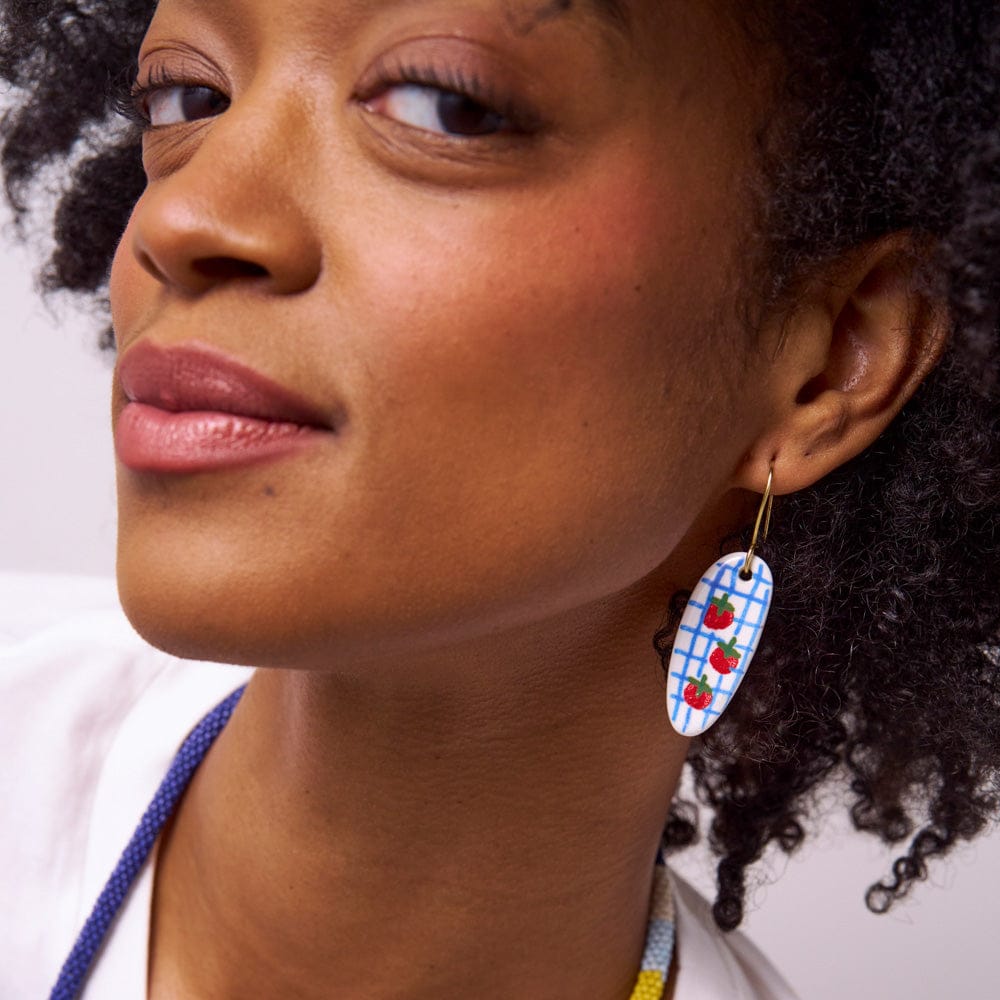 Danielle Oval Ceramic Earrings With Tomatoes + Blue Plaid Wholesale