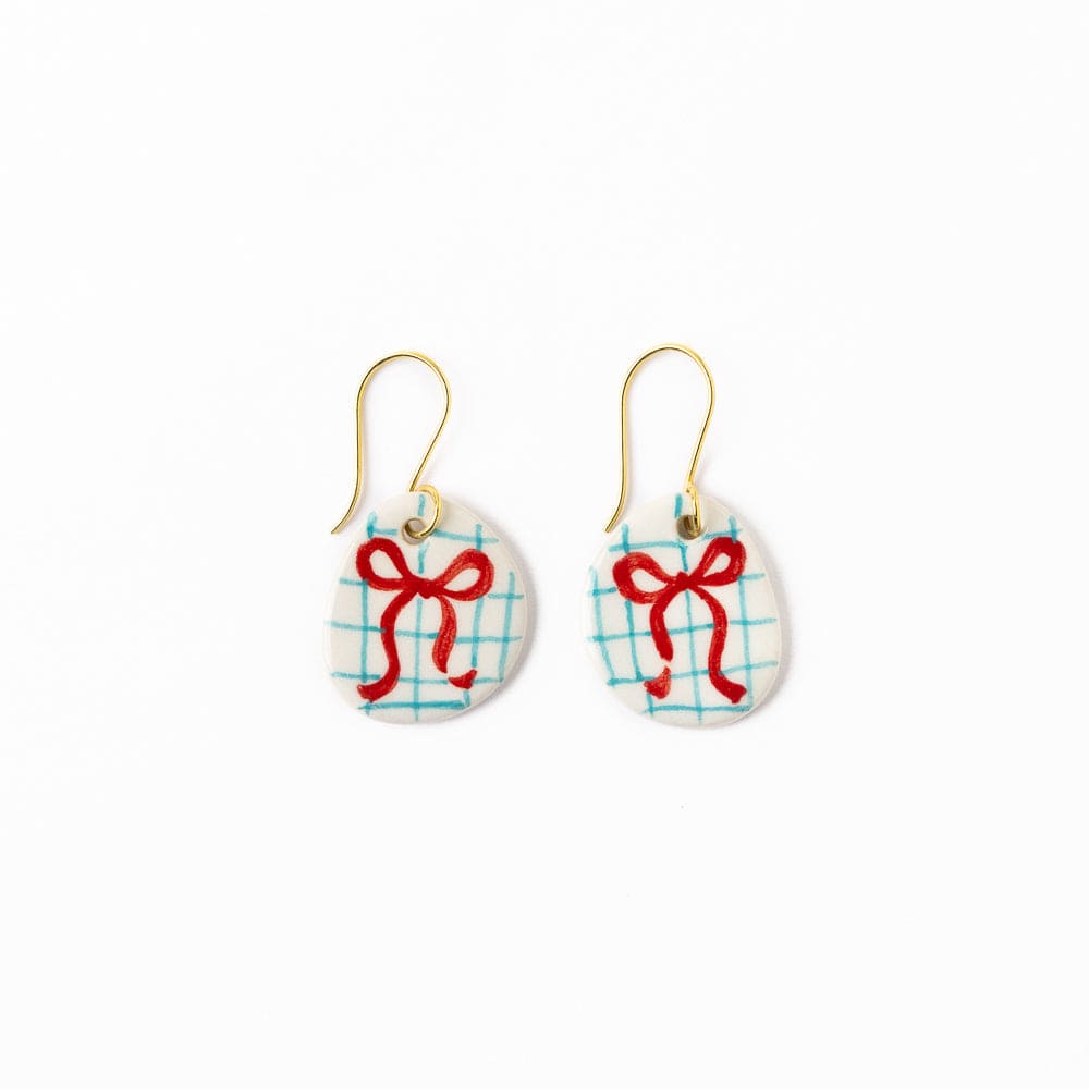 Danielle Round Ceramic Earrings With Bow And Blue Plaid Wholesale