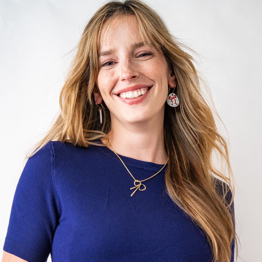 Danielle Round Ceramic Earrings With Bow And Blue Plaid Wholesale