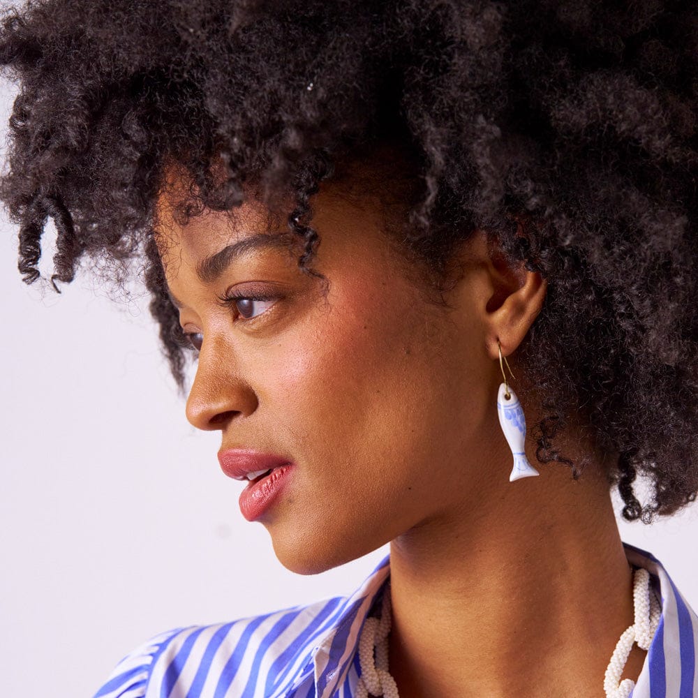 Danielle Fish Ceramic Earrings Blue + White Wholesale