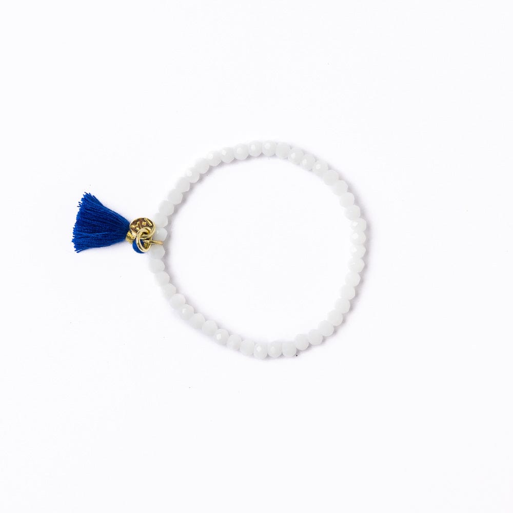 Game Day Crystal Stretch Bracelet With Tassel Blue + White Wholesale
